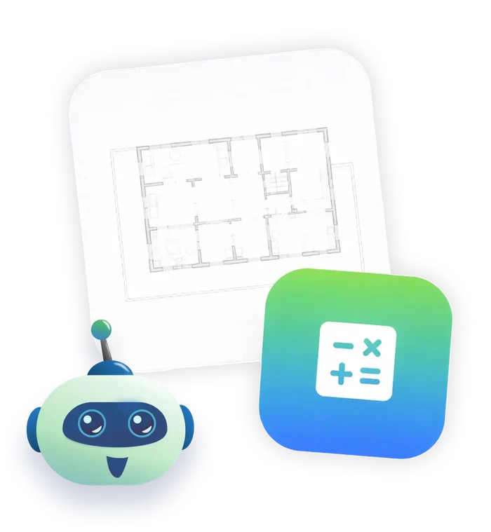 Floor plan with a calculator illustrating AI cost estimation