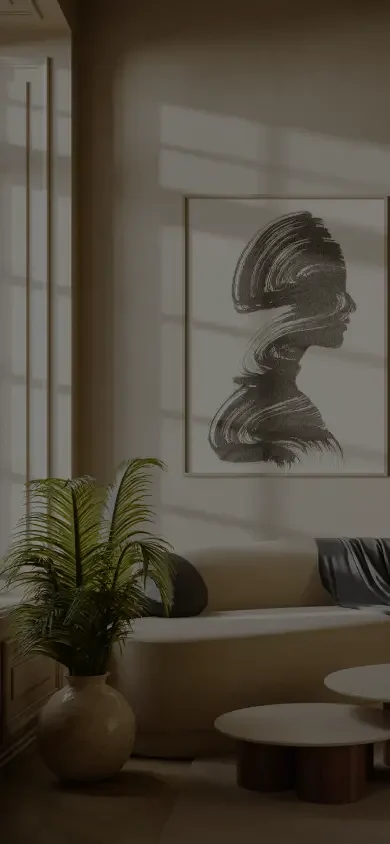 A virtual gallery room generated by Riz with artwork hung on the wall